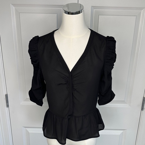 & Other Stories Tops - & Other Stories Black Silk Viscose Peplum Ruffled String Sleeve Blouse Size 4